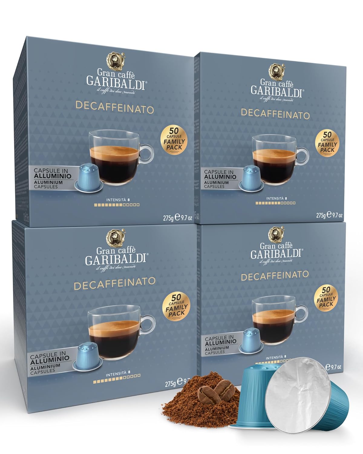 Gran Caffè Garibaldi Decaffeinated Espresso Pods, Italian Roasted Coffee, Decaf Capsules Compatible with Nespresso Original Line Machines, Nitrogen Flushed Intense & Rich Aroma - Decaffeinato (Aluminum) 200 Cups