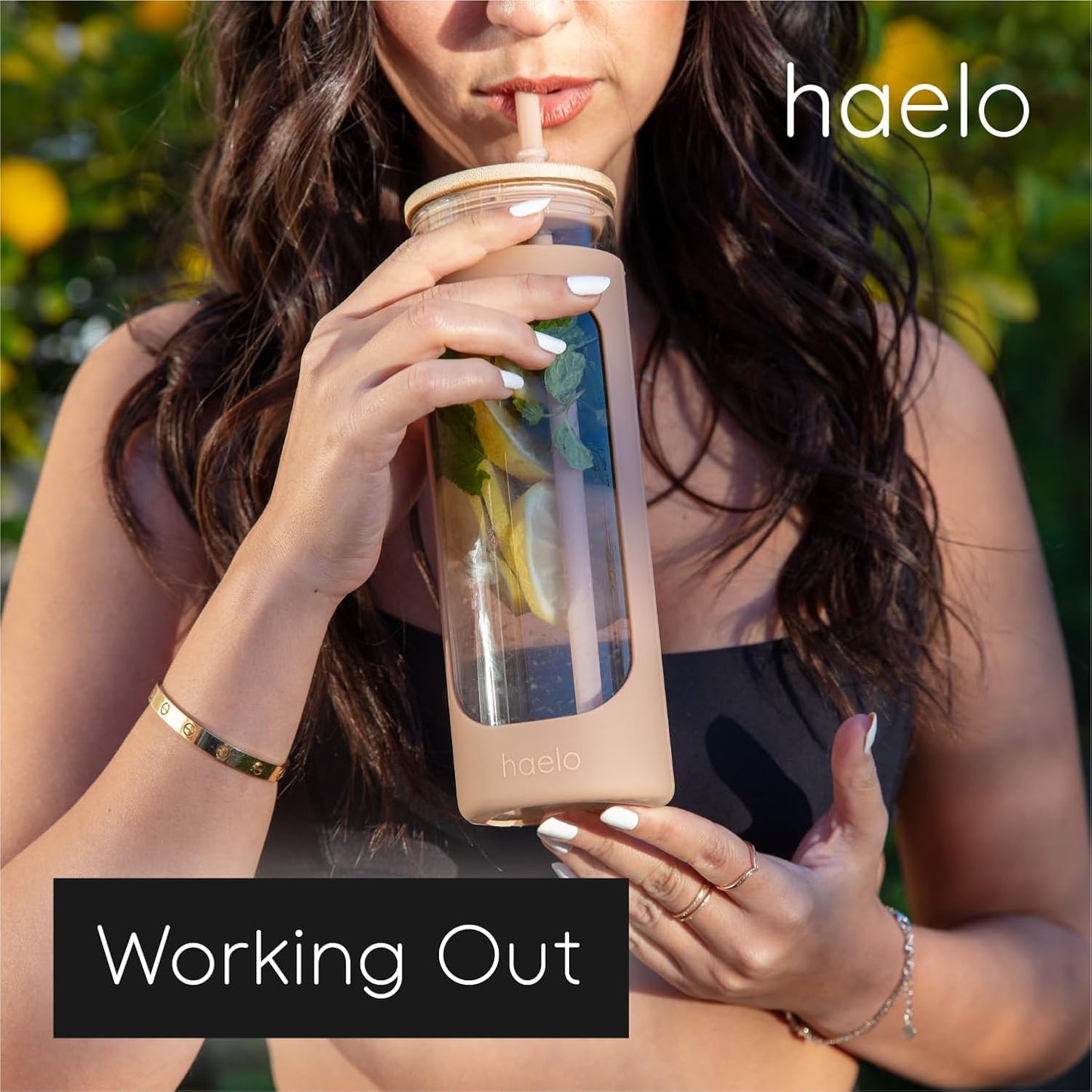 haelo 20oz Glass Tumbler Water Bottle, Iced Coffee Cup with Straw, Silicone Protective Sleeve, Bamboo Lid Reusable BPA Free (Sage Green)