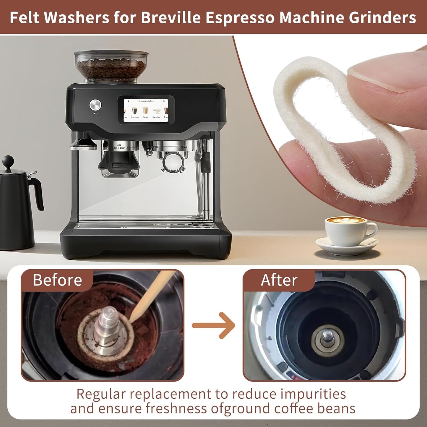 8 Pcs Felt Gasket Replacement for Breville Espresso Machine Grinders, Felt Washer Replacemen Compatible with BES870, BES878, BES880, BES980, BES990, BCG820, Wool Ring Espresso Machines Accessories