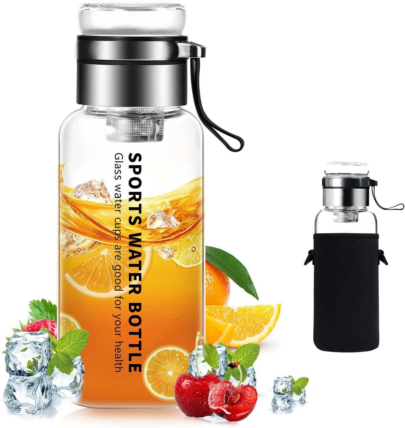 32 oz Glass Water Bottles - Large, Clear, Borosilicate Glass Water Bottle with Stainless Tea Infuser - Cup-Function Lid, Neoprene Sleeve, Strap - Wide Mouth BPA free, for Tea, Beverages, Juice