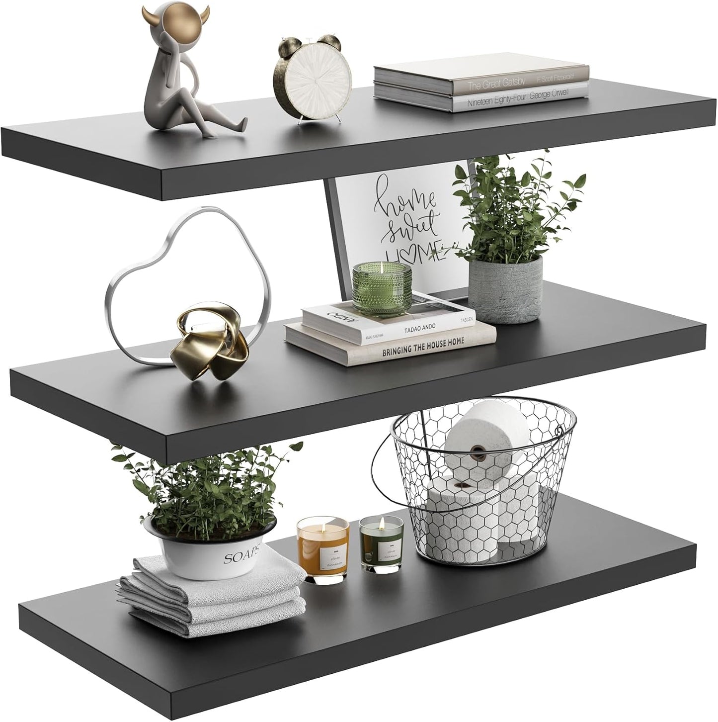 Wall Shelf Set of 3, Black Floating Shelves 24 in W x 10 in D x 1 in H, Wooden Floating Wall Shelf with Invisible Brackets for Living Room/Bedroom/Bathroom/Kitchen Storage and Decor