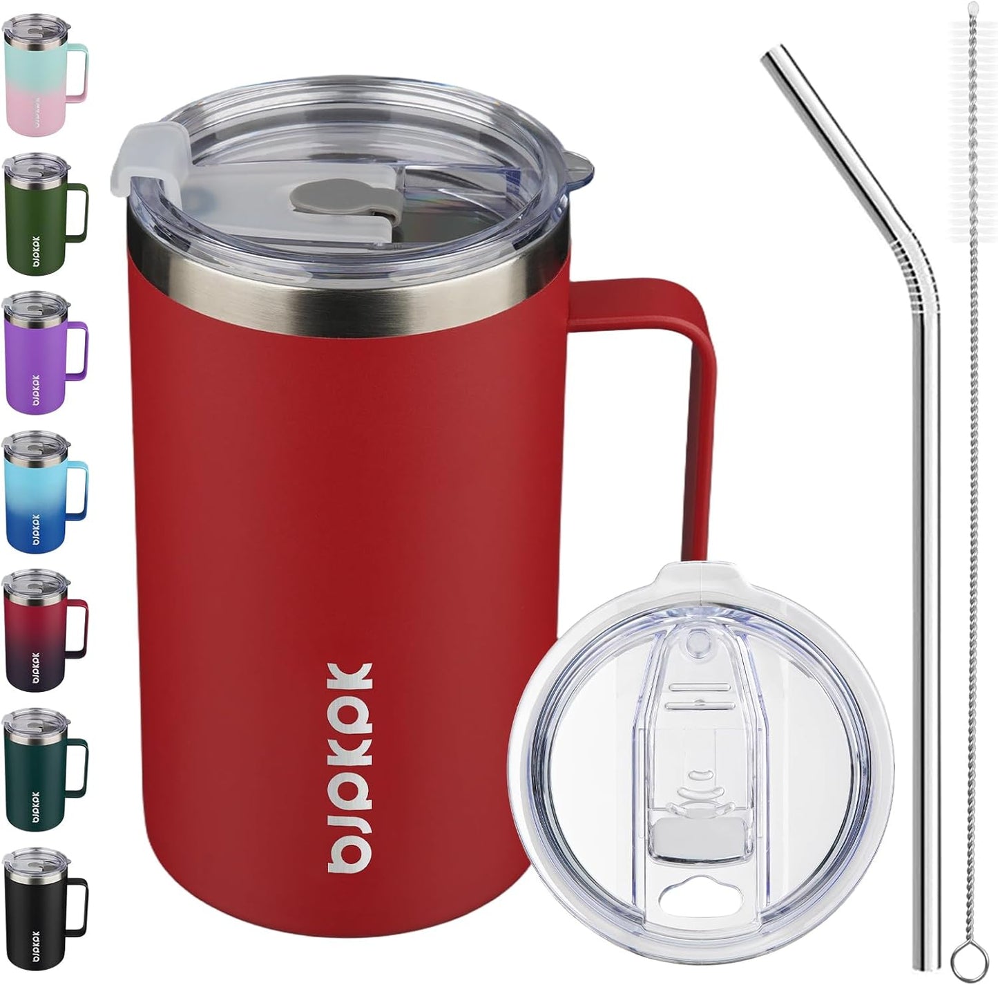 BJPKPK Insulated Coffee Mug with 2 Lids, 25oz Stainless Steel Insulated Tumbler with Handle, Double Wall Vacuum Coffee Cups, BPA Free Travel Mug for Coffee, Tea and Drinks, Red