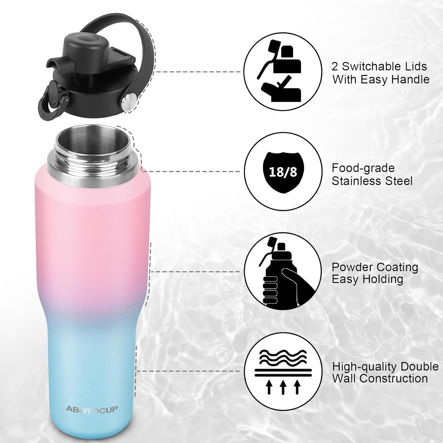 32oz Water Bottle with Powder Coated, Fit in Any Car Cup Holder, Water Bottle with Straw Lids, Stainless Steel Insulated Water Flask Double Wall Leak-proof BPA Free to Keep Cold&Hot