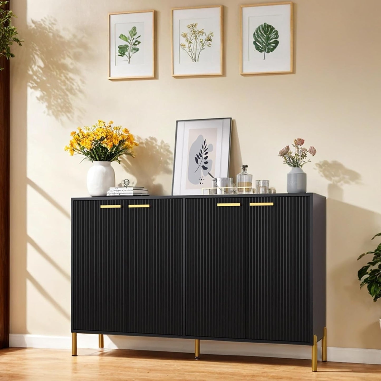 Black Fluted Sideboard Cabinet - Luxury Buffet Table with 4 Doors, Large Coffee Bar Station for Living Room, Kitchen, Hallway, Entryway Storage