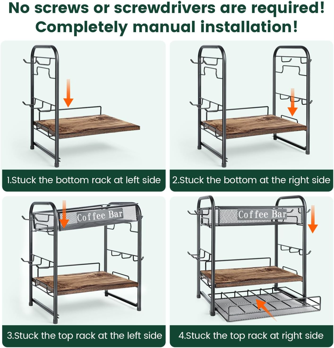 Coffee Bar Organizer, Station Mug Holder for Countertop, Multi-Functional 3 Tier Coffee Cup Tree Rack for Kitchen, Storage Shelf with 10 Hooks, K Cup Pod Organizer Drawer for Home Office