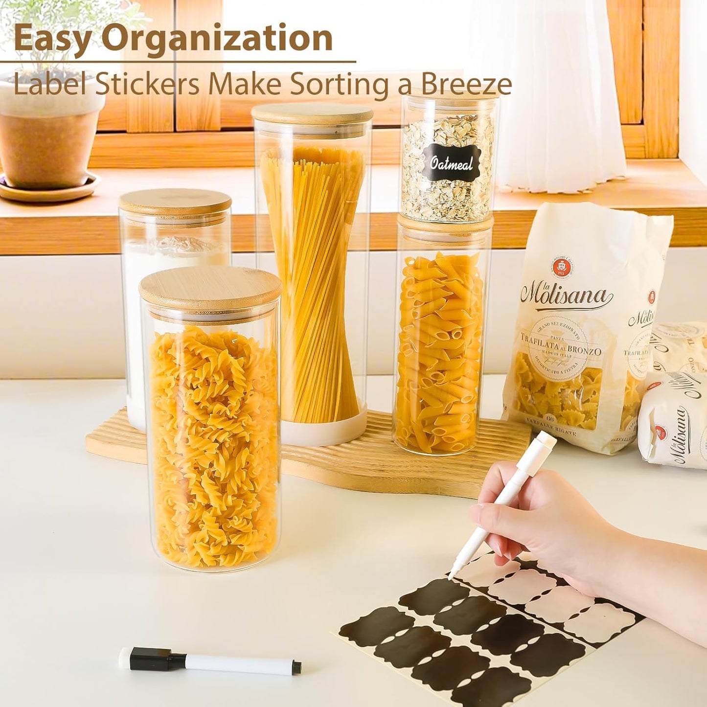 53oz Round Glass Storage Containers with Bamboo Lids – 4 Pack Large Airtight Glass Jars for Pantry Organization, Kitchen Dry Food, Flour, Cereal, Coffee Beans & Staples