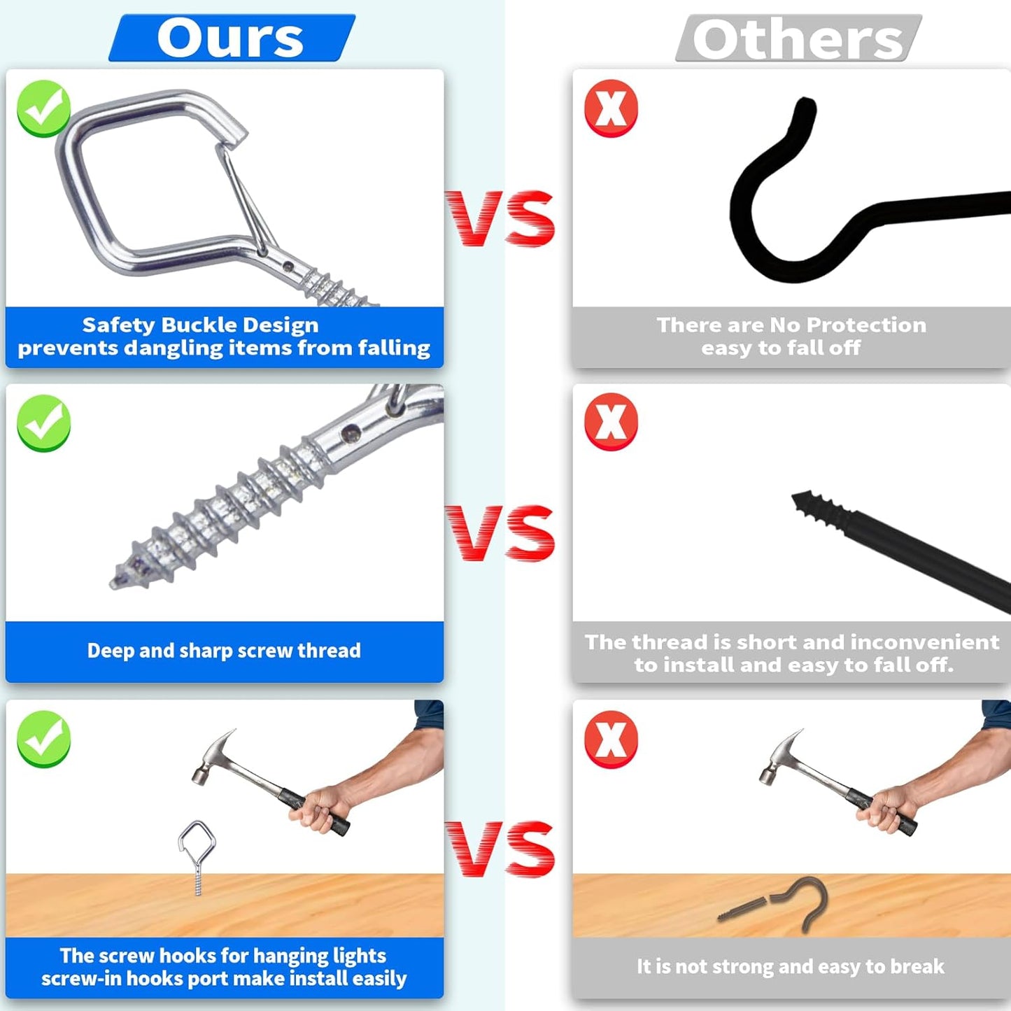 100 PCS Silver Eye Screw Hooks for Hanging Heavy Duty with Safety Buckle.Metal Ceiling Hooks for Hanging Plants Cup Wind Chime Bird Feeders Patio Lights at Indoor&Outdoor