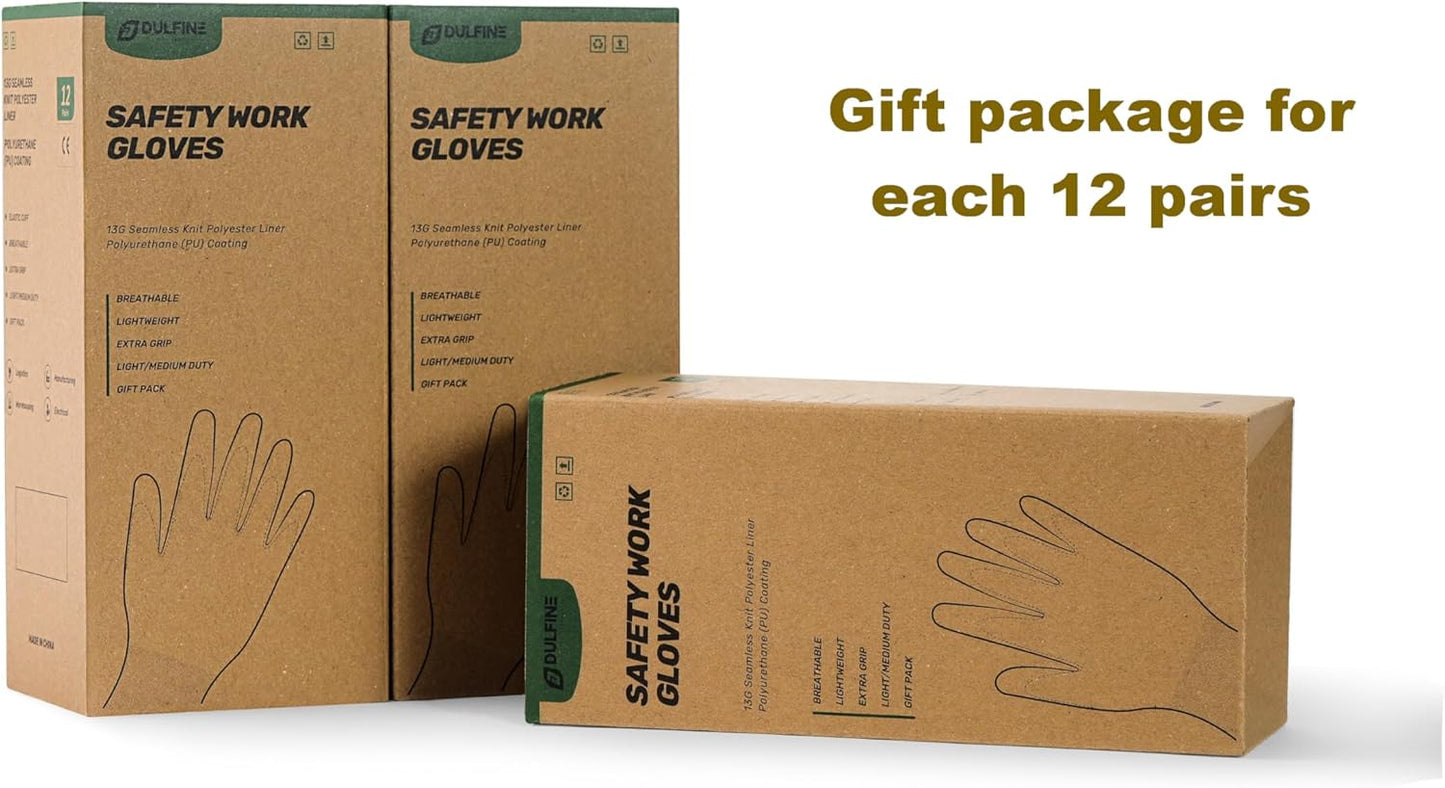 DULFINE Safety Work Gloves PU Coated for Men and Women-12 Pairs,Red Seamless Knit Glove with Two Fingers Touchscreen,Ideal for General Duty Work (Large)