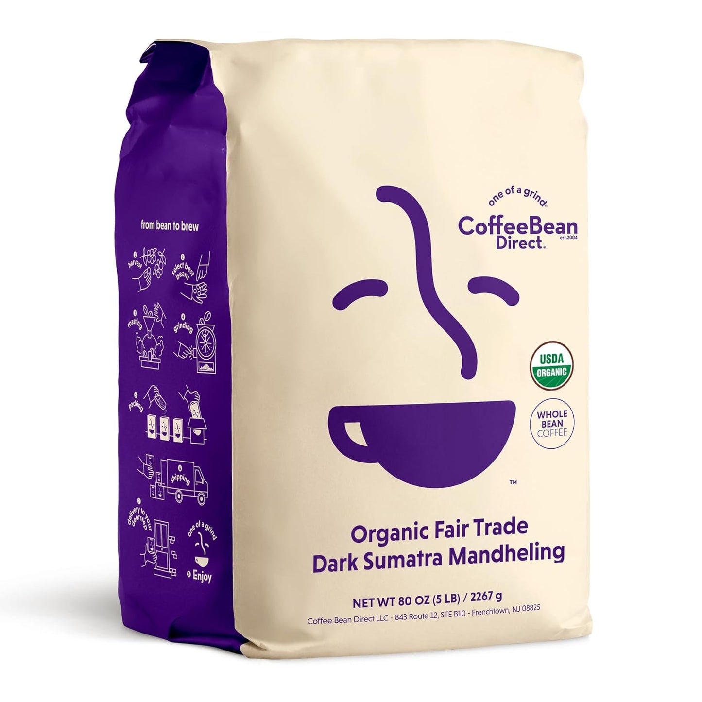 Coffee Bean Direct Organic Fair Trade Dark Sumatra Mandheling, Whole Bean Coffee, Dark Roast, 5 Pound Bag (Pack of 1)