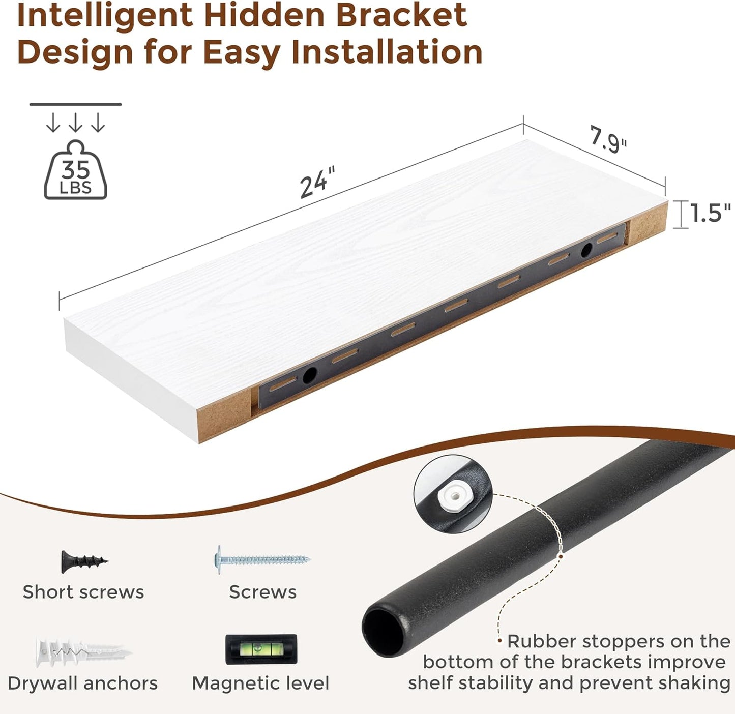 Heimlove 24 Inch Floating Shelves for Wall White Shelves Set of 2,Wall Mounted Rustic Wood 8 Inch Deep Floating Shelf with Invisible Brackets for Bedroom Kitchen Living Room