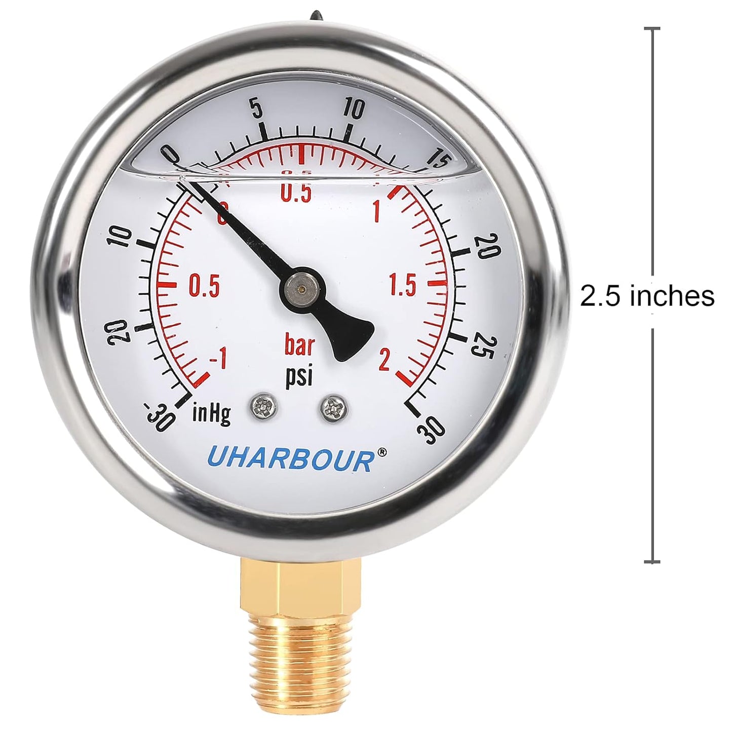 Glycerin Filled Vacuum Pressure Gauge, 2-1/2" Clear dial,1/4" NPT Bottom Connection, Stainless Steel Case, Brass Movement, Dual Scales -30HG/30PSI