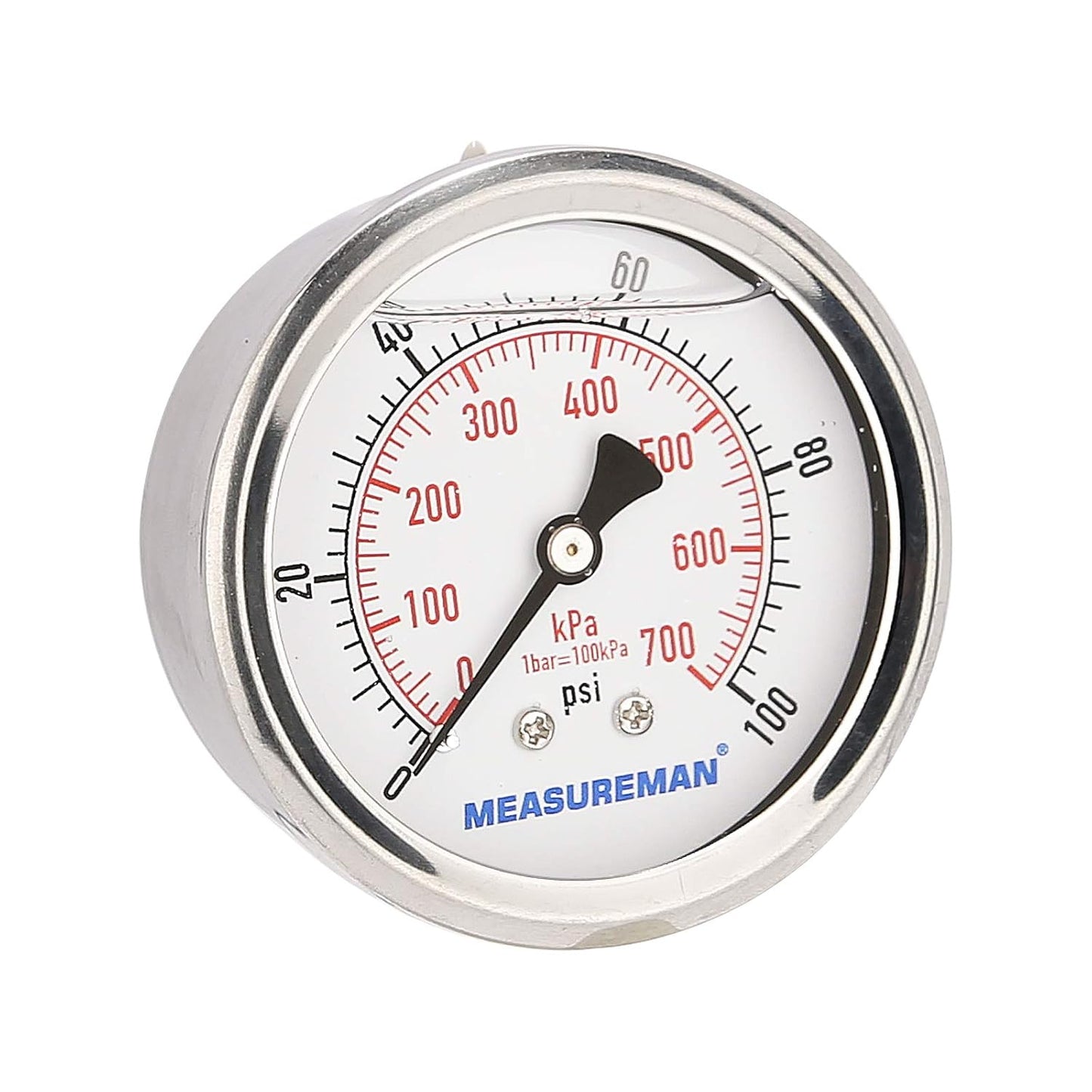 MEASUREMAN 2-1/2inch Dial Size, Glycerin Filled Pressure Gauge, 0-100psi/kpa, 304 Stainless Steel Case, 1/4 Inch NPT Center Back Mount