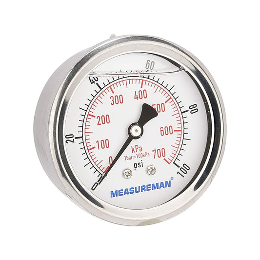 MEASUREMAN 2-1/2inch Dial Size, Glycerin Filled Pressure Gauge, 0-100psi/kpa, 304 Stainless Steel Case, 1/4 Inch NPT Center Back Mount