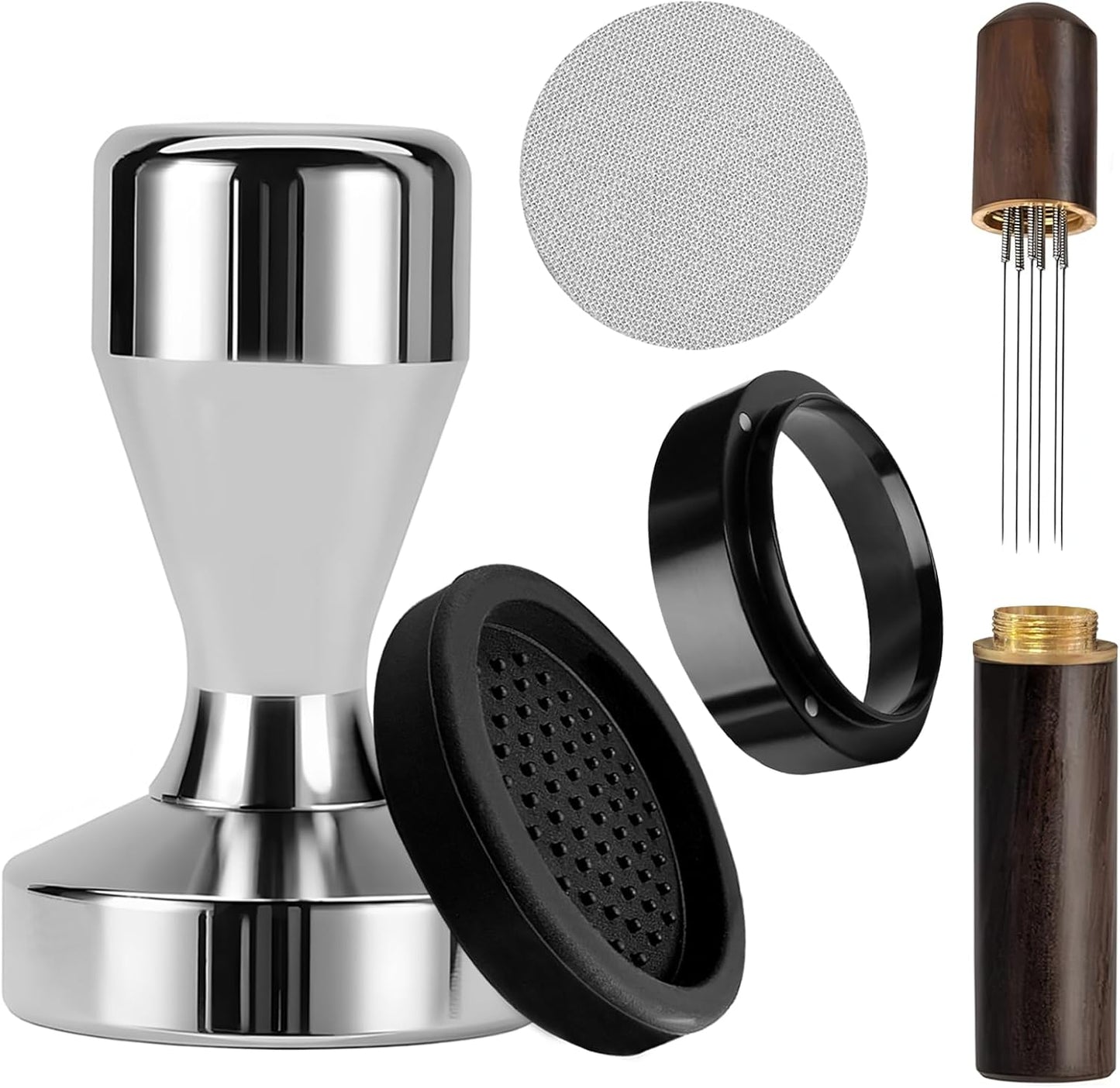 Espresso Accessories Kit, 51mm Tamper, Coffee Tamper Set, Silver 51mm Stainless Steel Espresso Tamper, Dosing Funnel, Tampers Mat, WDT Tools and Puck Screen Set Fit 51mm Portafilters