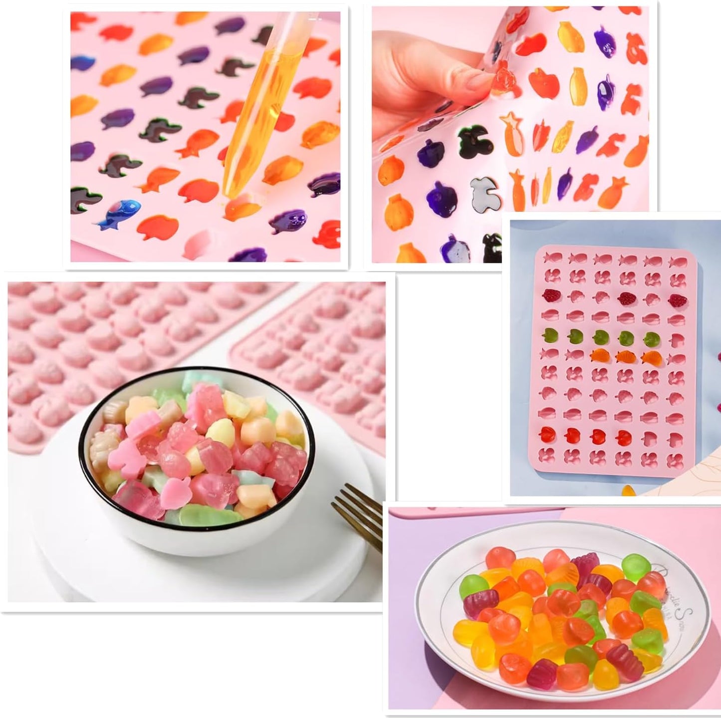 Mini Silicone Molds,120 Cups Chocolate Drops Mold,Fondant Cake Mold for Chocolate,Hard Candy,Biscuits,Cookie,Jelly,Sugarcraft,Homemade Treats and DIY Baking,2 Pack(66 Fruit & 54 Animal) Pink