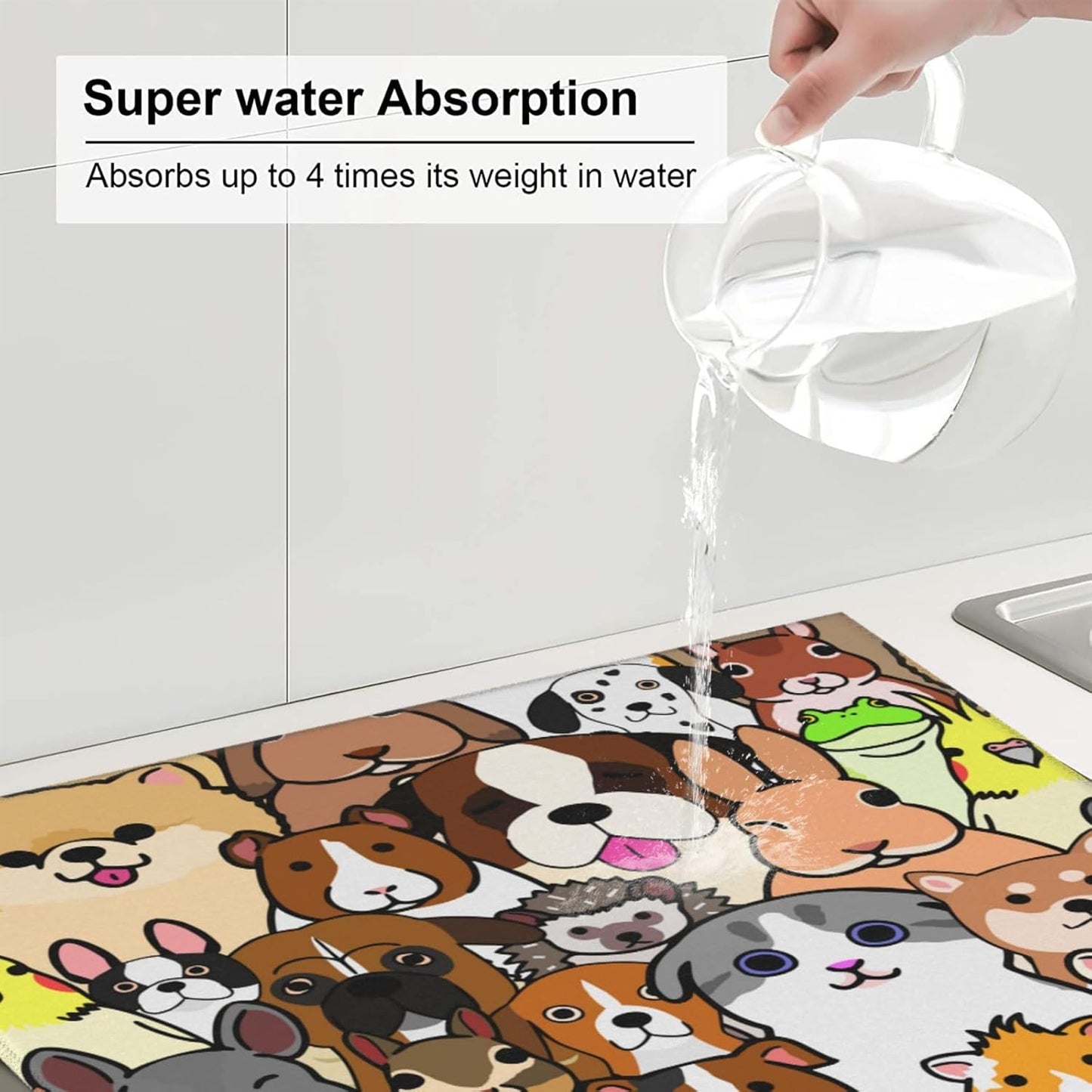 Cute Animals Pattern Dish Drying Mat, Highly Absorbent Microfiber Kitchen Counter Pad Reusable Washable, 16*18"