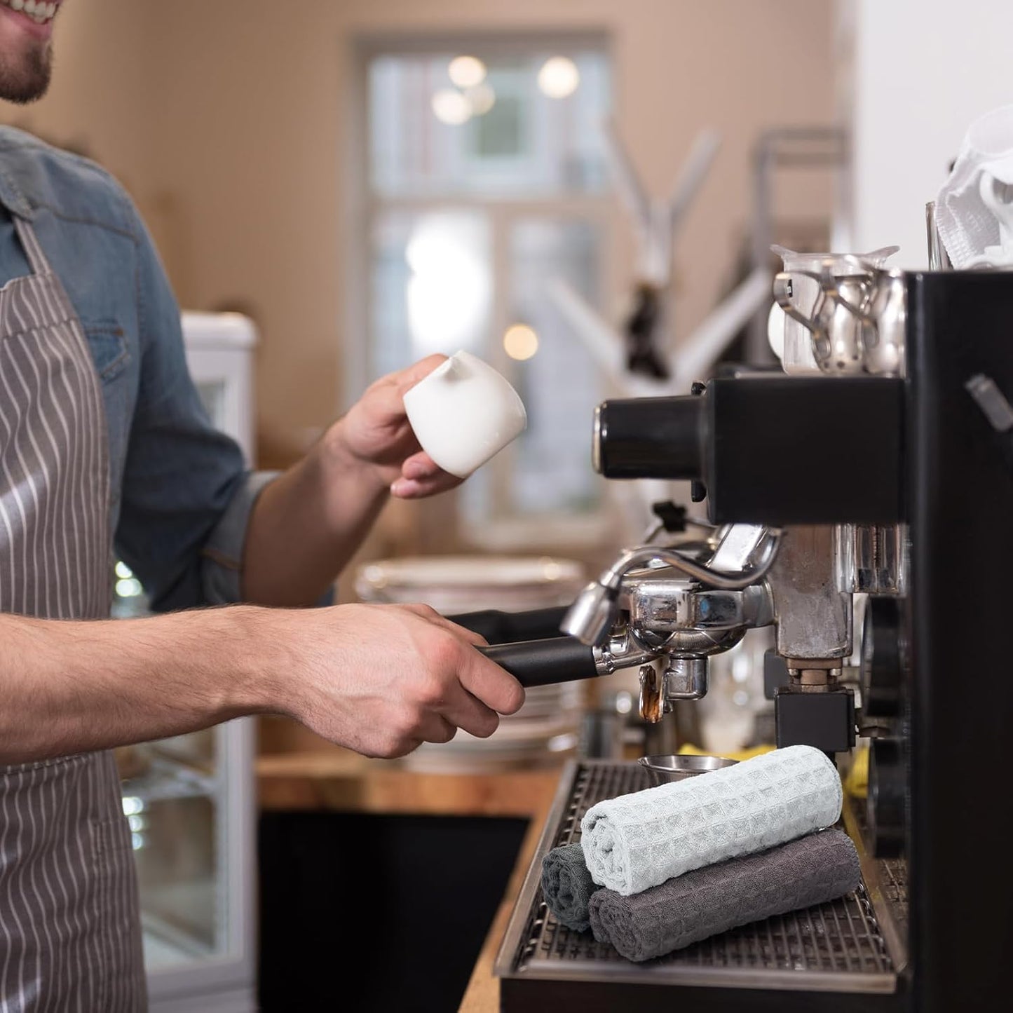 8 Pcs Espresso Machine Cleaning Accessories with 6 Coffee Towels Barista Microfiber Cloths 2 Cleaning Brush Grinder Tool with Spoon Coffee Bar Essentials for Steam Wands Countertops