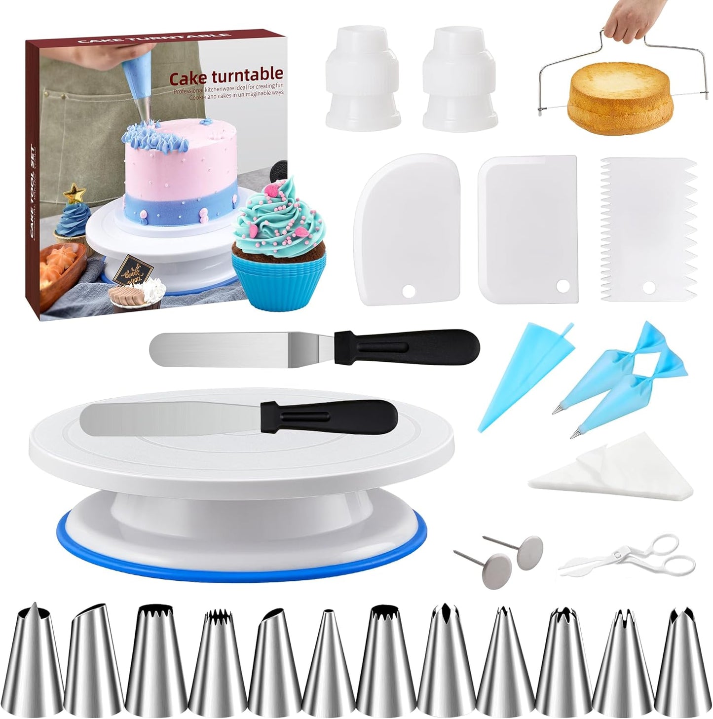 Cake Decorating Tools Supplies Kit - 82Pcs Baking Accessories with Turntable Stand Leveler 12 Piping Tips 52 Bags Icing Comb Scrapers Spatulas Cupcake Cookie Frosting Fondant Bakery Set for Beginners