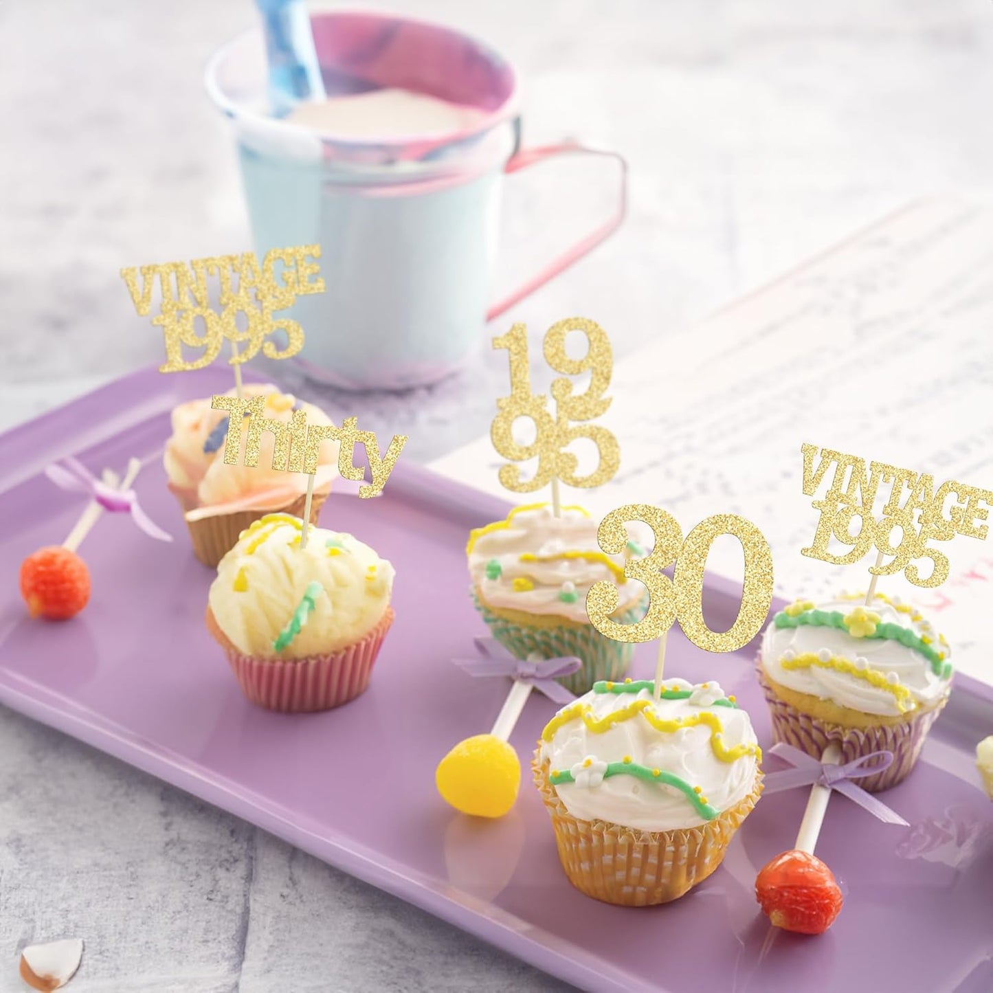 Gyufise 24Pcs Happy 30th Birthday Cupcake Toppers Glitter Thirty 30 Fabulous Vintage 1995 Cupcake Picks for 30th Birthday Wedding Anniversary Party Cake Decorations Supplies Gold