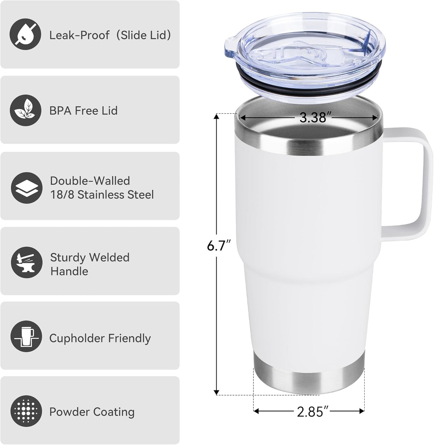 20oz Tumbler with Handle & Lid, Insulated Stainless Steel Travel Mug, Leakproof Cup for Coffee & Tea, BPA-Free Double-Wall Vacuum Tumblers for Hot/Cold Drinks, Commuter, Gym, Office, White 1 Pack