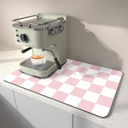 Dish Drying Mat for Kitchen, 15.7’’ X 17.7’’ Coffee Bar Mats for Countertop Fit Under Coffee Maker, Checkered Drying Mat, Hide Stain Rubber Backed Espresso Machine Absorbent Drying Pad, Pink & White