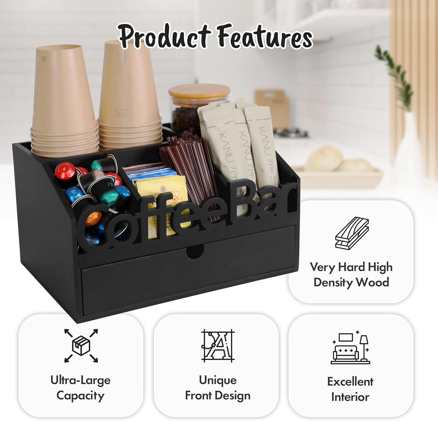 Coffee Bar Organizer for Countertop – Wooden Coffee Station with Black Drawer, Tea and K Cup Storage Rack, Coffee Pod Holder for Home and Office Counter Organization