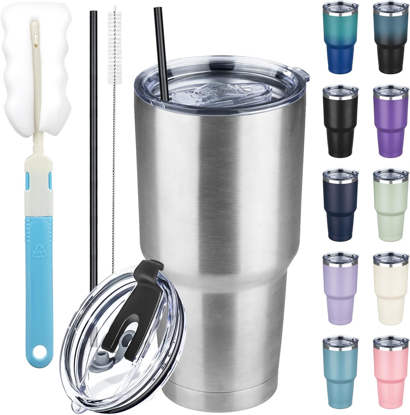 30 oz Tumbler with Lids and Straws, Stainless Steel Insulated Coffee Tumbler, Double Wall Vacuum Insulated Travel Mug Cup, Leakproof Thermal Coffee Cup for Hot and Cold Drinks(Silver)