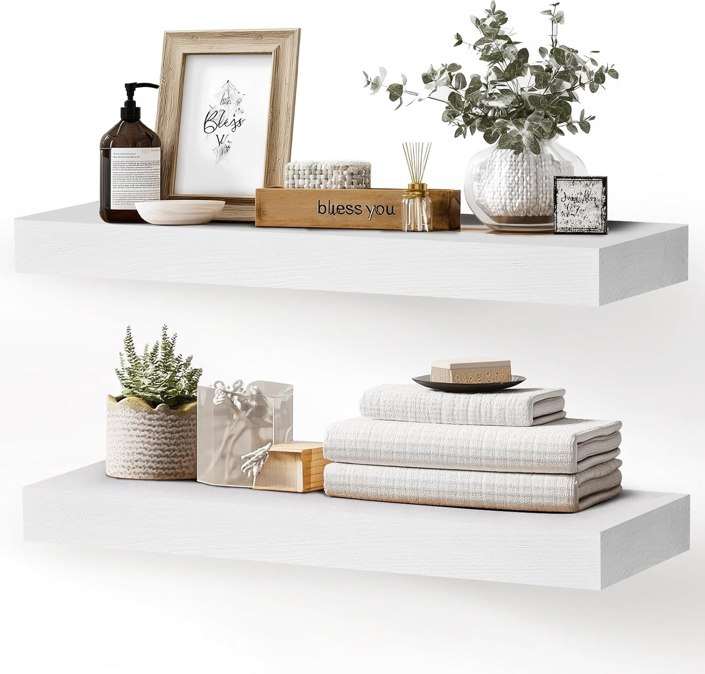 24x8x1.6 inch Floating Shelves Set of 2 – Solid Wood Rustic White Wall Mounted Shelf for Kitchen, Bathroom, Living Room