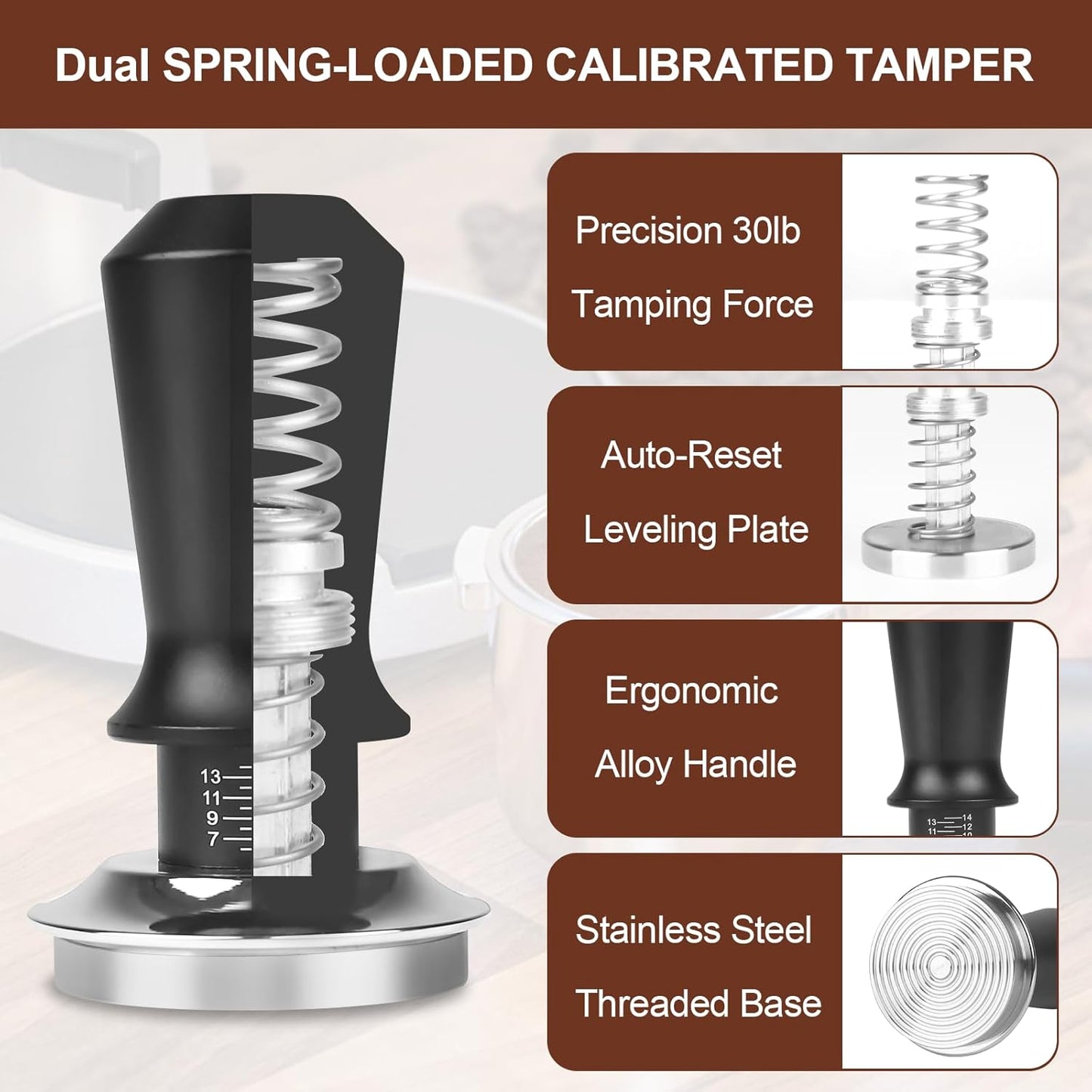 53mm Espresso Tamper Set - Dual-Spring Calibrated Coffee Tamper, 8-Needle WDT Tool Espresso Distribution Tool, Magnetic Aluminum Dosing Funnel, Reusable Puck Screen, Fit for 53mm Portafilters