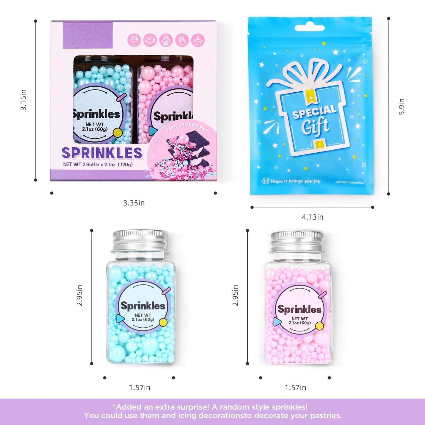 Edible Pink and Blue Sprinkles for Cake Decorating, Pink Pearl Sprinkles, Blue Pearl Sugar Sprinkles for Macaron, Cake, Cupcake, Waffles, Cookies, and Ice Cream(120g/4.2oz)