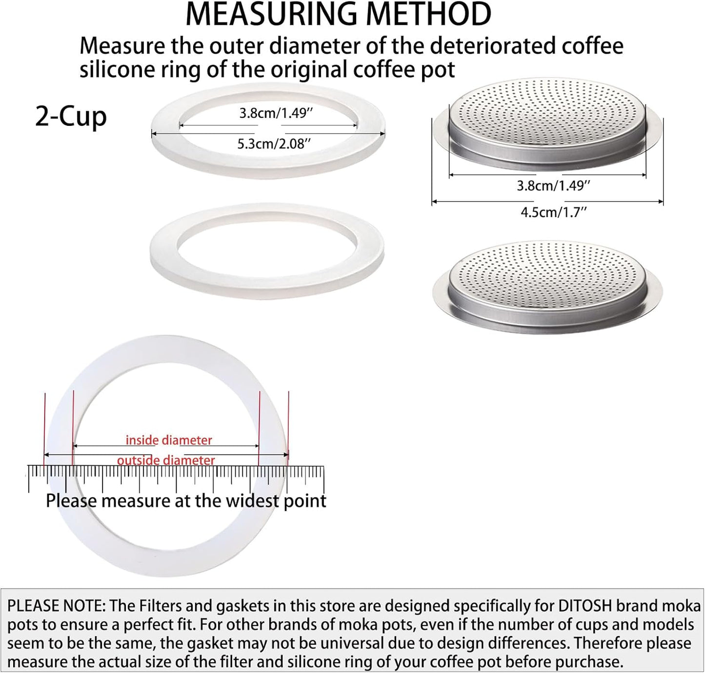 2Pcs Filter with 3Pcs Silicone Gasket Seals for 2 Cup Stovetop Espresso Coffee Maker Replacement Parts for Big Tummy and Straight Stainless Steel Moka Pot