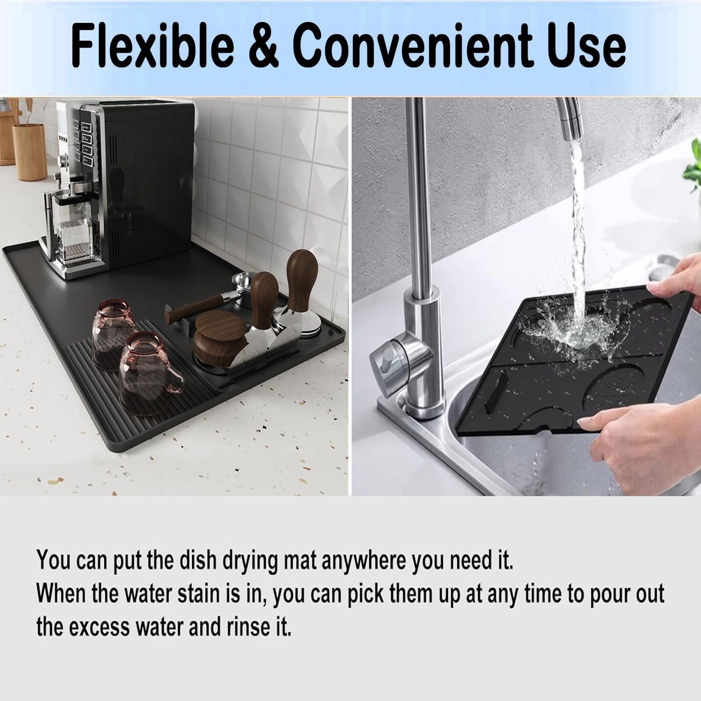 Silicone Coffee Mat with a removable tamper mat,15.7"x23.5"Coffee Bar Mat for Countertops,Fit Under Espresso Machine,Dish Drying Racks-Black