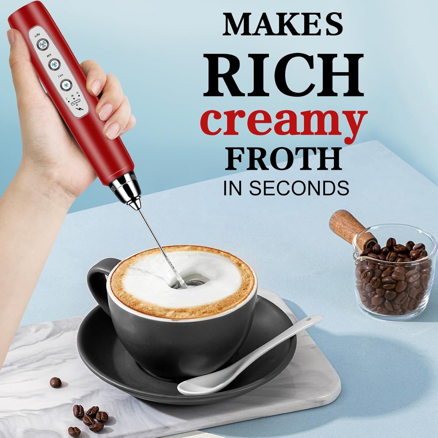 Milk Frother Handheld for Coffee, Electric Whisk 3 Speed Adjustable, Drink Mixer with Stainless 3 Whisks, Rechargeable Hand Frother Wand, Foam Maker for Latte Cappuccino Hot Chocolate Egg Red