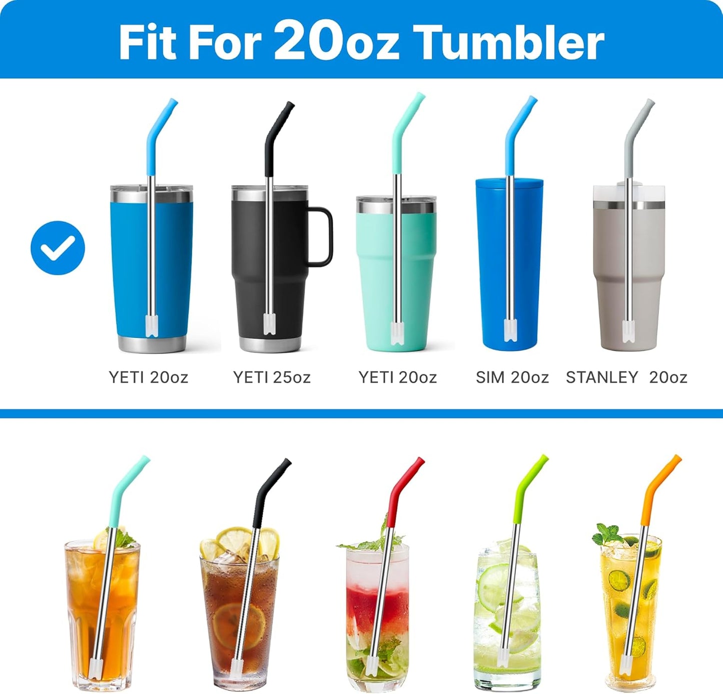Metal Straws with Silicone Tip for 20 oz YETI Tumbler, 4 Pcs Reusable Stainless Steel Straws for 20 oz Stanley Cup and 16 oz Glass Cups(Color 2)