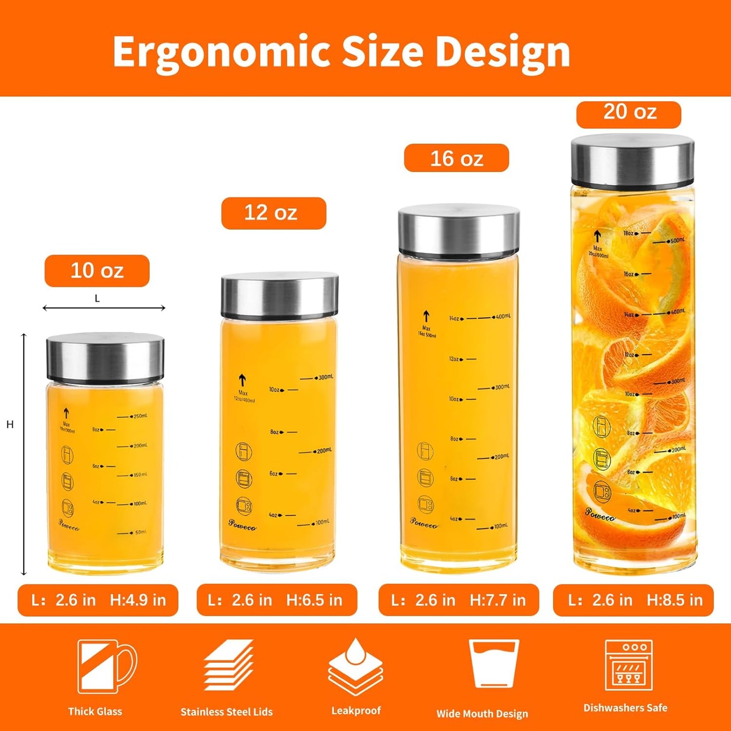 Glass Juice Bottles 4 Pack 16 oz - Wide Mouth Glass Water Bottles with Lids - for Juicing, Protein, Smoothie, Milk, Reusable, BPA Free, Stainless Steel Lids, Blender, Shaker Bottle [16oz/500ml]