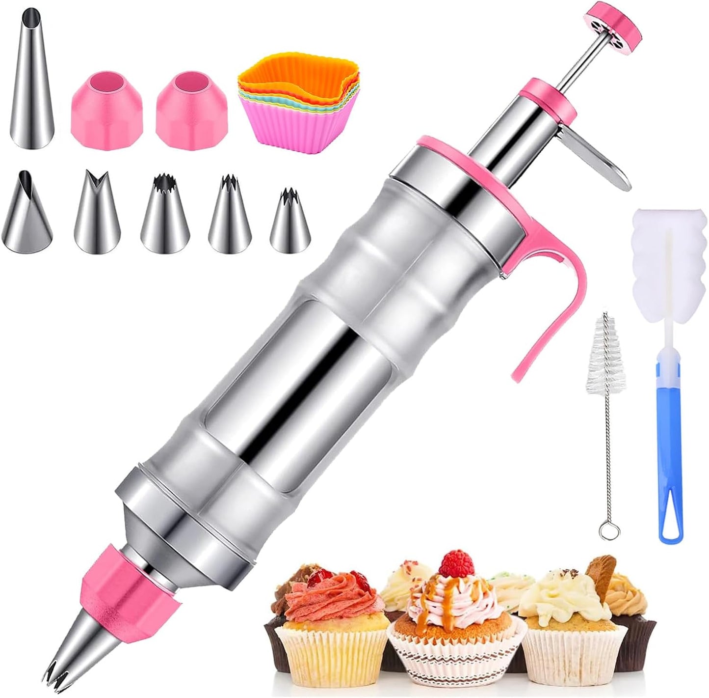 Cake Decorating Kit with 6 Stainless Steel Icing Nozzles, Reusable Piping Gun & Tips Set – Professional Frosting Tools for Cupcakes, Cookies, Cakes, Desserts – Baking Supplies for Beginners & Bakers