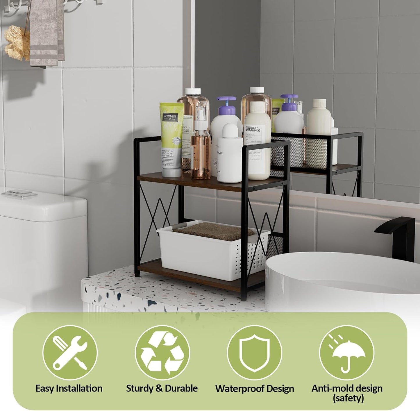 Aduanbang Coffee Bar Accessories Organizer, Seasoning Organizer, 2 Tier Wooden Kitchen Counter Shelf, Coffee Organizer Station for Countertop, Coffee Condiment Rack for Mugs, Cups, Cream, Syrup