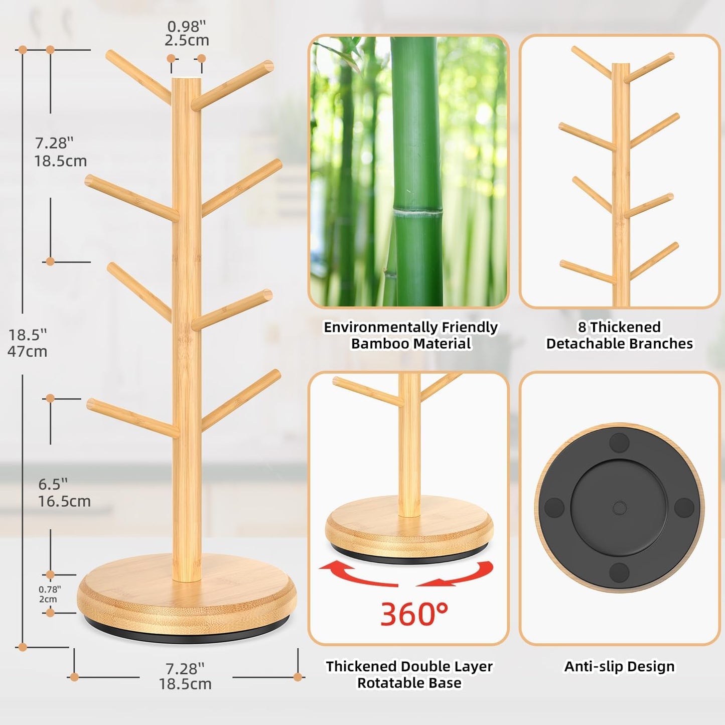 BAMBANG Mug Holder Tree, 360° Rotating 8 Hooks Coffee Cup Holder for Counter Top, Bamboo Coffee Mug Rack Stand for Kitchen Countertop Home, Natural