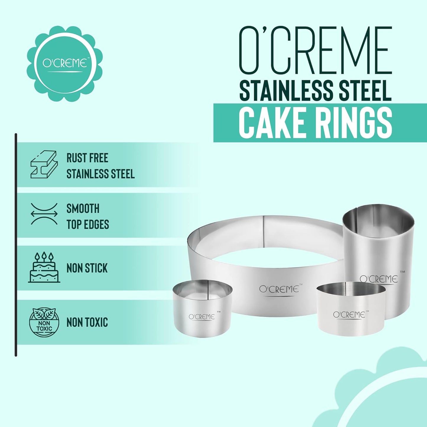 O'Creme Cake Ring Sturdy Stainless Steel Round Mousse Cake Ring Mold for Baking, Dessert Cake Decorating Pastry Rings 7 Inch Diameter x 2 Inch High