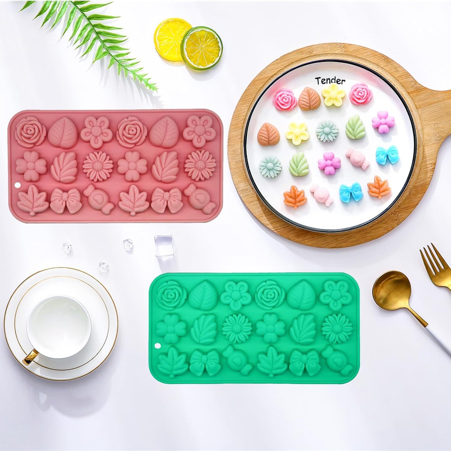 Gummy Candy Molds - 2Pcs Silicone Gummy Daisy Flower/Tulip Flower/Bow Tie/Leaf Candy Mold for Kids, Non-stick and Bpa Free for Candy Chocolate Gummy Jello Baking Soap Pudding Cookie Desserts Making