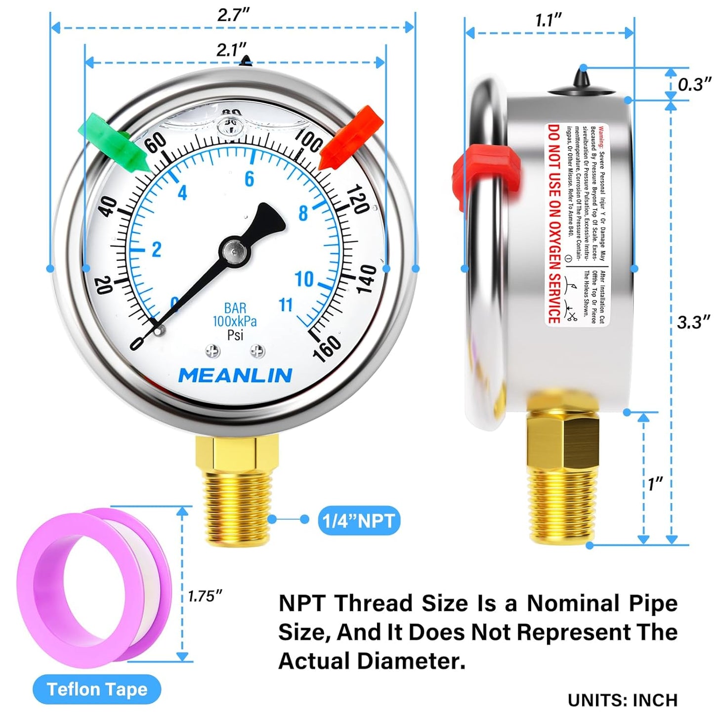 MEANLIN MEASURE 0~160Psi Liquid Filled Pressure Gauge 1/4" NPT 2.5" FACE DIAL Stainless Steel Glycerin Filled WOG Water Oil Air Lower Mount (with 2PCS Snaps)