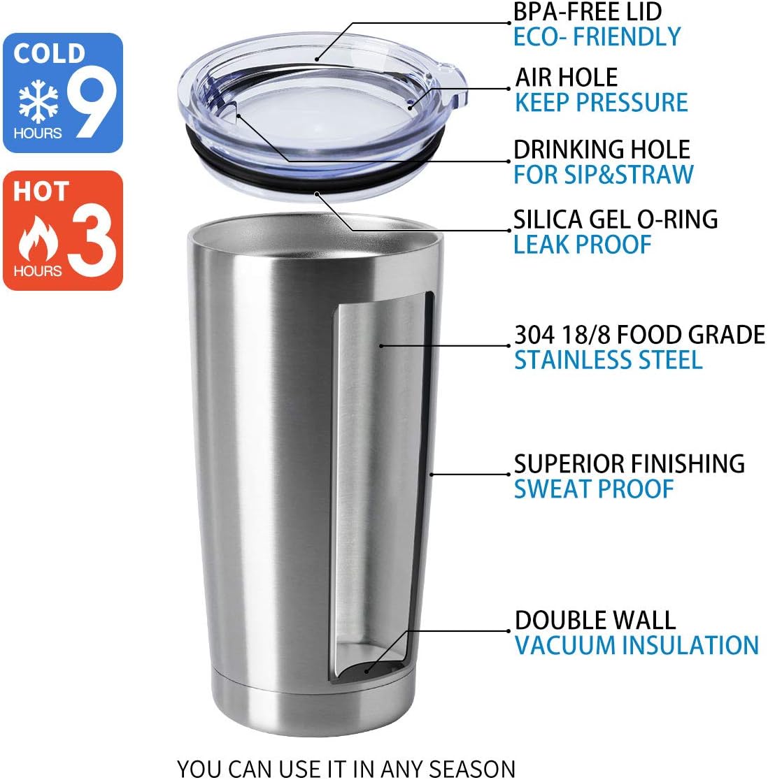 HASLE OUTFITTERS 20oz Stainless Steel Tumblers Bulk, Insulated Travel Cup with Lid, Double Wall Vacuum Coffee Mug for Cold & Hot Drinks 4 Pack, Silver