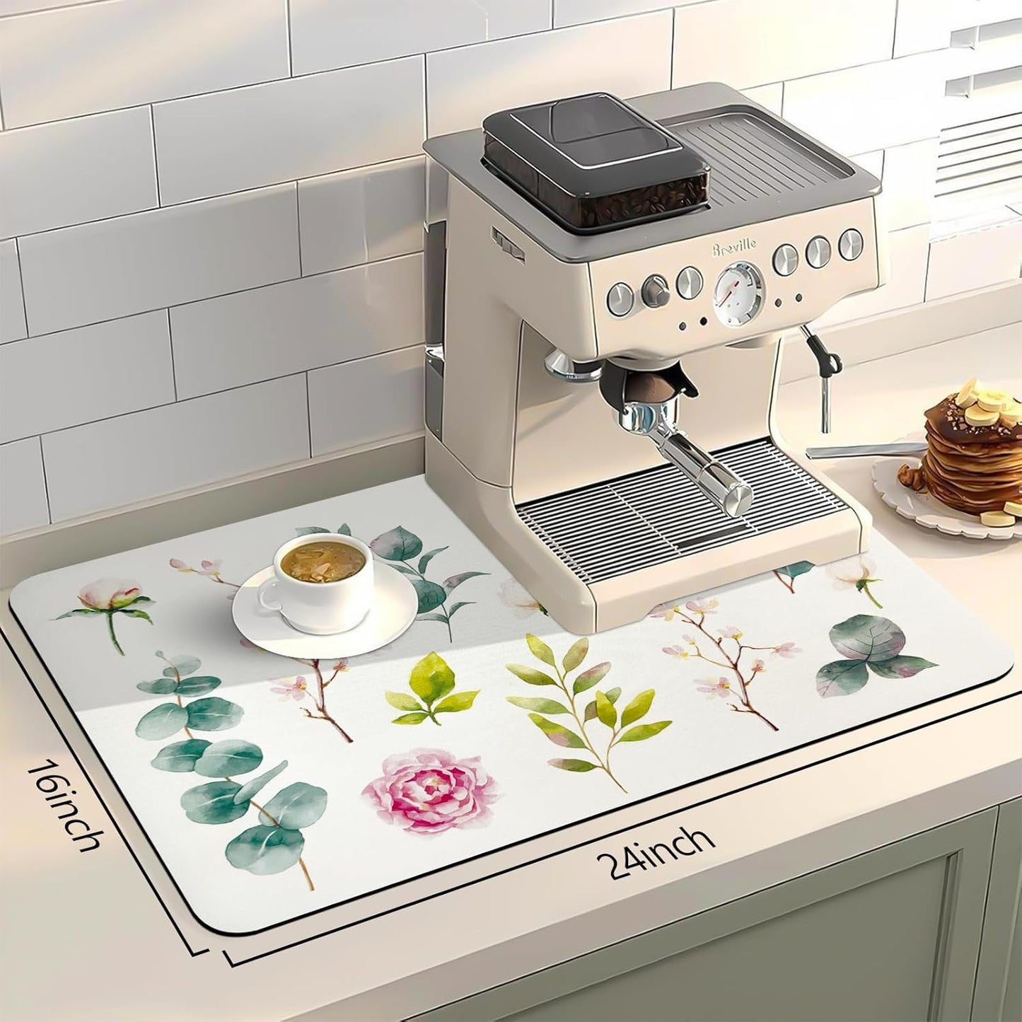 Bloss Mat for Coffee Station, Dish Drying Mat, Kitchen Counter Mat, Absorbent Water Hide Stain Rubber Backed Dish Drying Pad(24"x16", Rose)