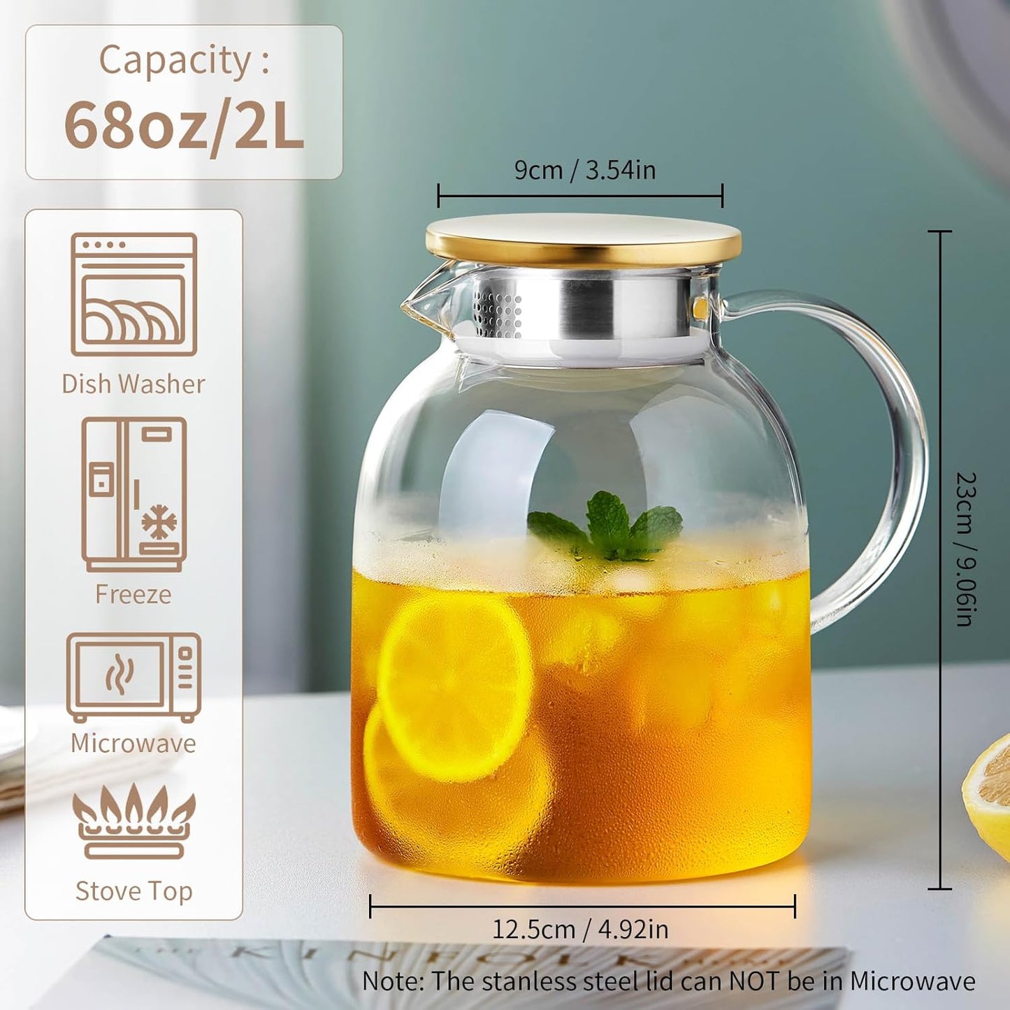 2L 68OZ Glass Pitcher with Lid and Spout, Water Jug, Glass Water Pitcher Carafe for Hot/Cold Water 2000ml for Fridge, Large Iced Tea Jug for Homemade Beverage