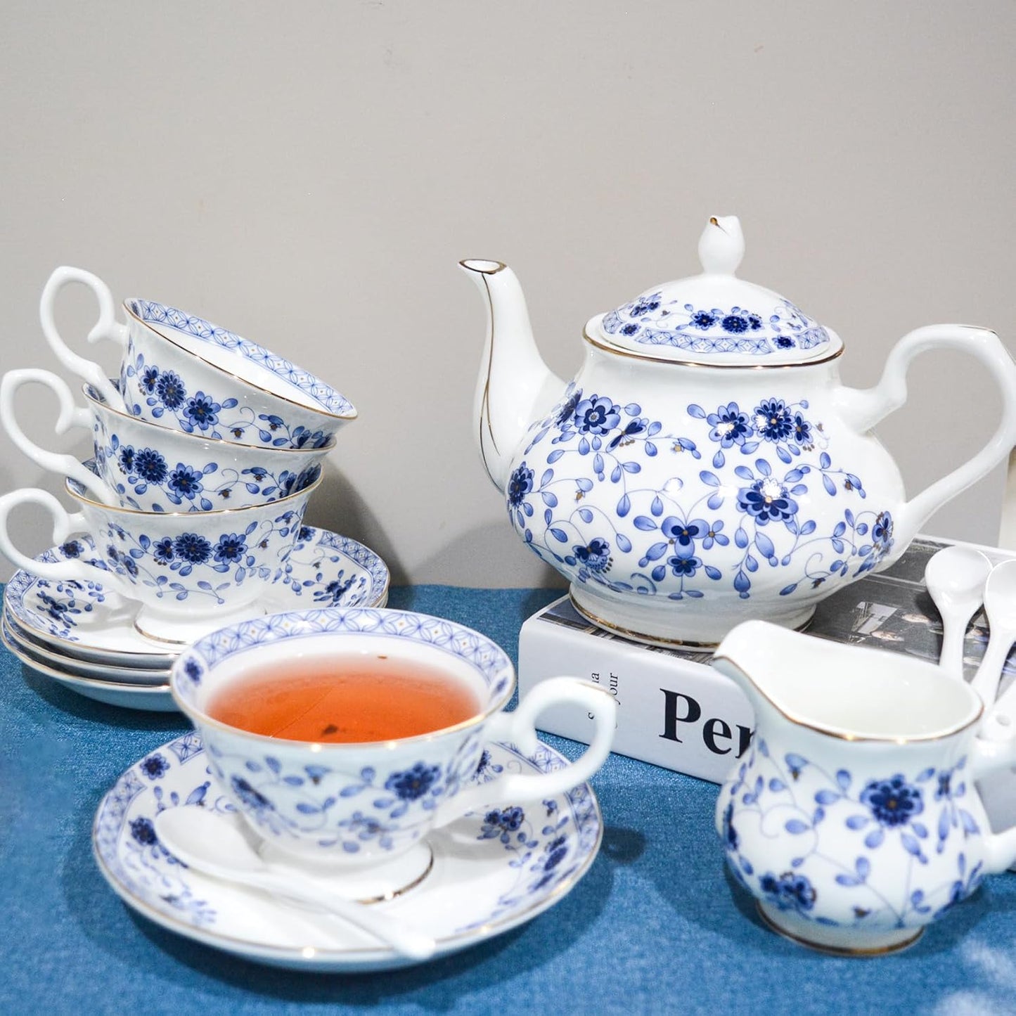 Bone China Tea Set with 2-Tier Afternoon Tea Stand and Serving Trays