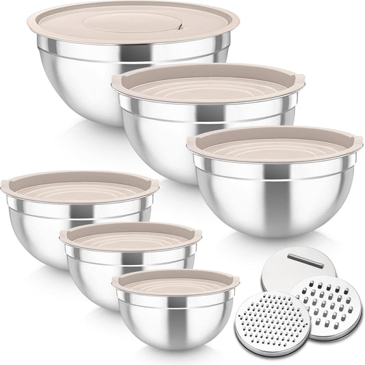 TeamFar Mixing Bowls, 6PCS Stainless Steel Nesting Mixing Salad Bowl with Lids & 3 Grater Attachments, for Food Cooking Baking Storing, Healthy, Khaki - 4.6/2.6/2 / 1.5/1 / 0.7 QT