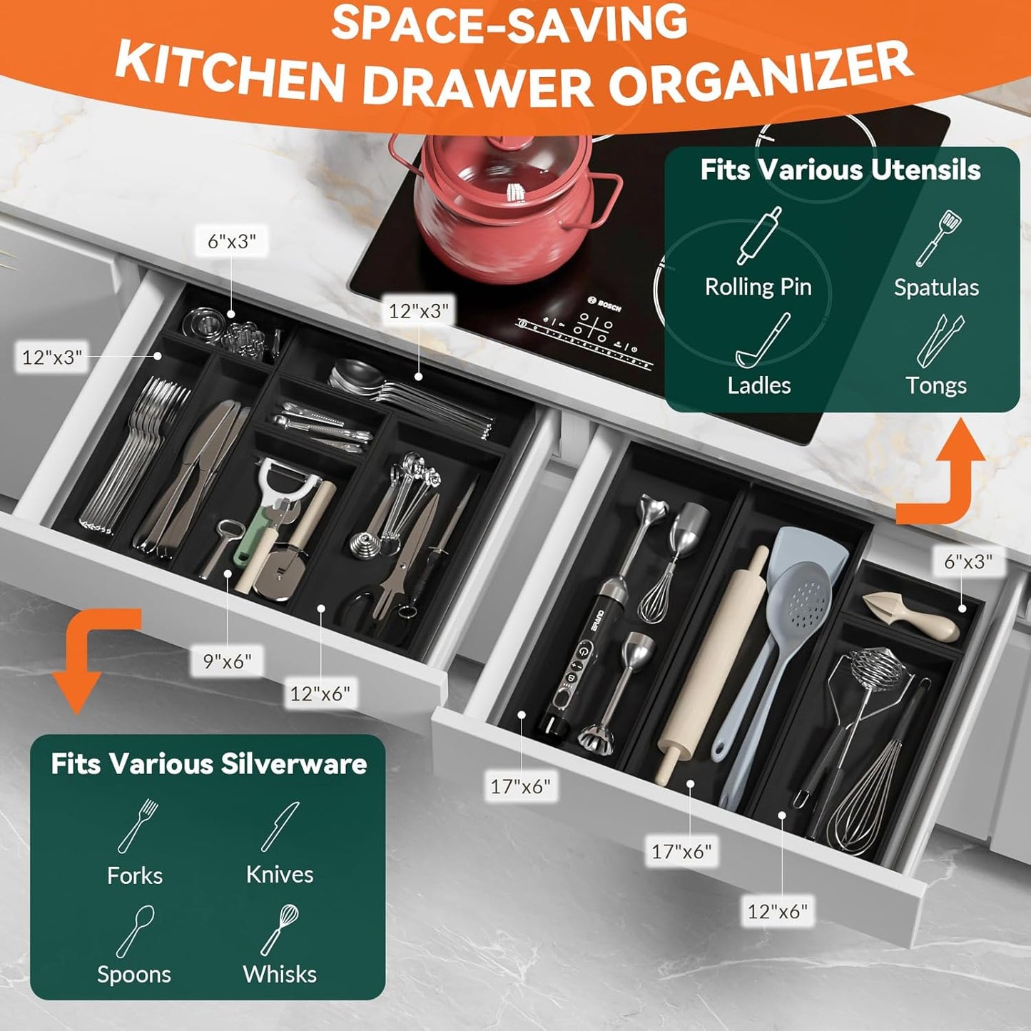 Bamboo Drawer Organizer, Cutlery Silverware Organizer for Kitchen Drawer, Stackable Utensil Organizer, 2 Pcs Flatware Organizer, Wooden Storage Box Tray (Black, 9 X 6 X 2 Inch)