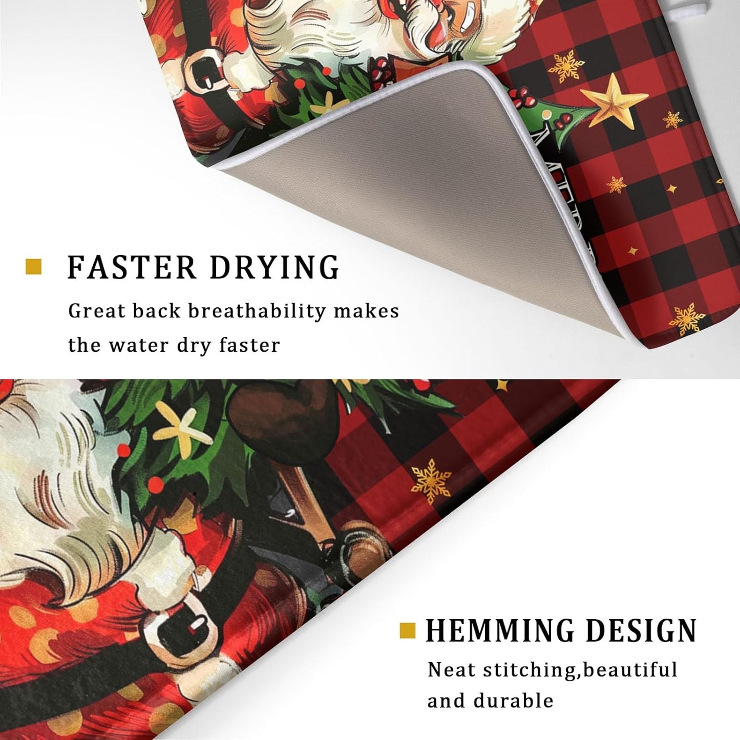 Merry Christmas Santa Claus Red Buffalo Plaid Dish Drying Mat for Kitchen Counter,Winter Snowflake Xmas Tree Drying Mat 18 x 24 Inch with Absorbent Reversible Microfiber Dish Drying Pad for Coffee Bar