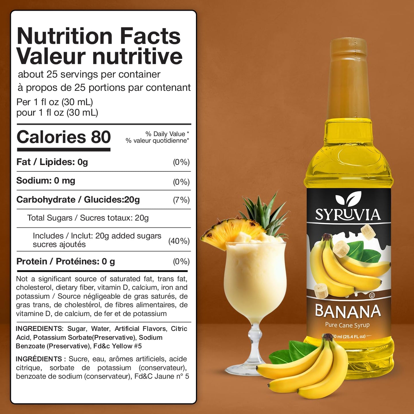Syruvia Banana Flavored Syrup - 25.4 fl oz - Kosher Flavored Syrups, Gluten Free, No Coloring, Perfect for Drinks, Soda, Shakes, Cocktails, Desserts, and More.