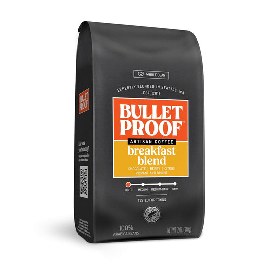 Bulletproof Breakfast Blend Light Roast Whole Bean Coffee, 12 Ounces, 100% Arabica Beans, Clean Coffee Tested for Toxins, Packaging May Vary